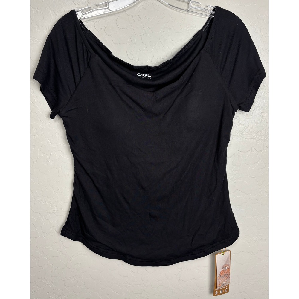 OGL SkinKiss Built in Bra Black Short Sleeve Scoop Neck Top Stretch Large 2650